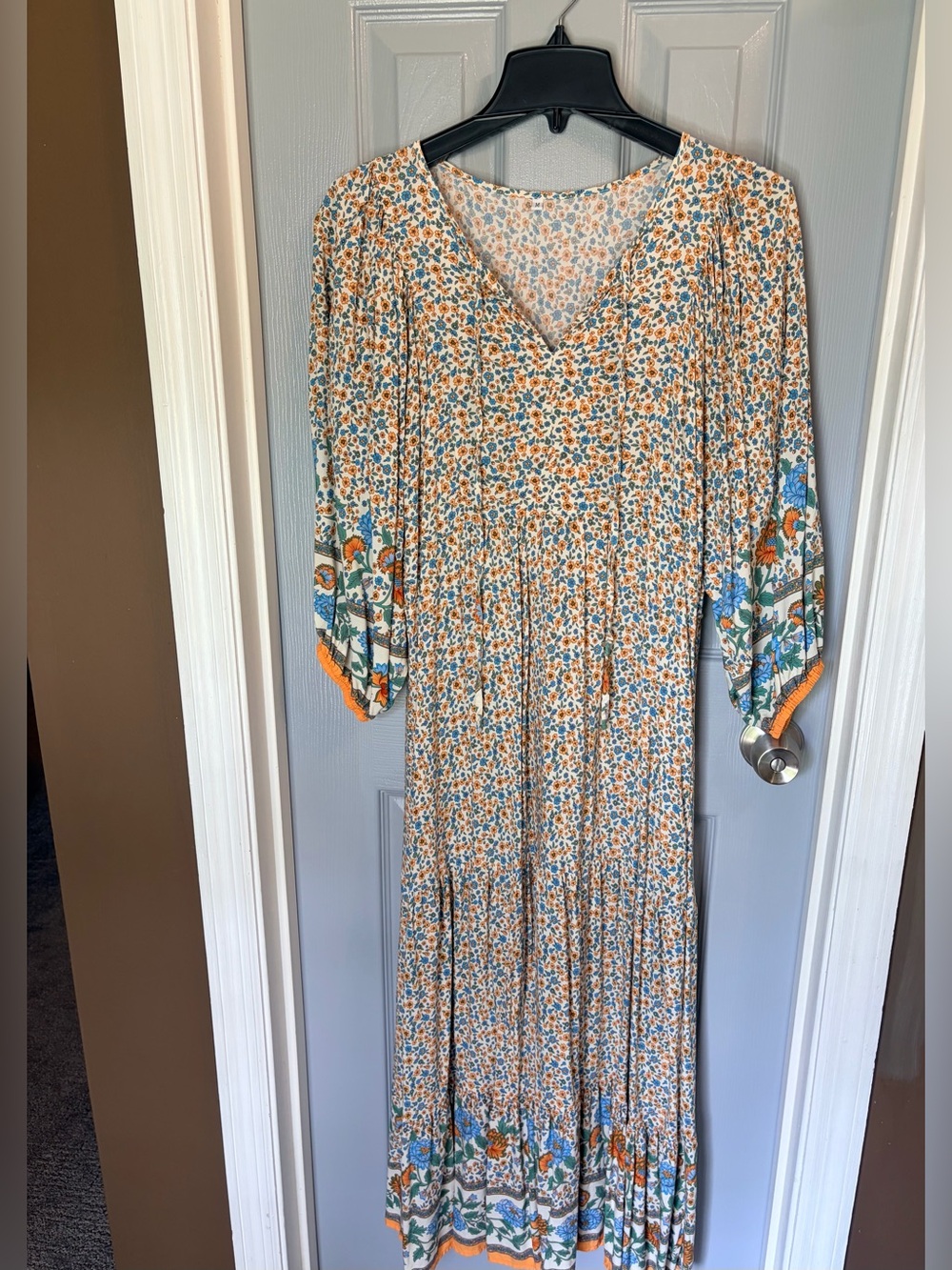 Floral V-Neck Boho Maxi Dress in Orange and Blue